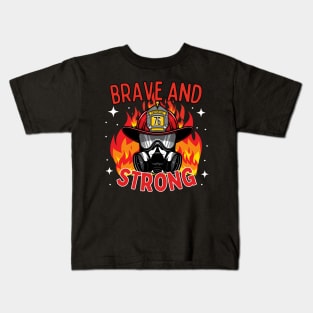 Firefighters Flaming Helmet Brave and Strong Kids T-Shirt